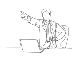 One continuous line drawing of young furious male manager pointed in his finger and drive away his sacked staff out of the room. Job dismissal concept single line draw design vector illustration