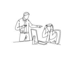 One single line drawing of young upset manager pointing finger to his stressful staff and blaming the staff about bad work performance. concept continuous line draw design graphic vector illustration