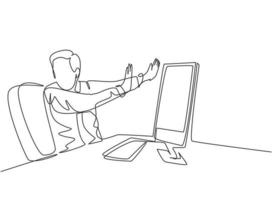 One continuous line drawing of young frightened businessman keep of himself from monitor computer because of traumatize. Work psychological concept single line draw design graphic vector illustration