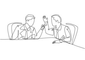 One single line drawing of young angry businessman pointing finger to his shouting colleague then they blaming each others. Business problem concept continuous line draw design vector illustration