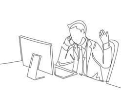 One continuous line drawing of young male employee get call from his manager and asking to explain sales dropped. Sales decrease problem concept single line draw design graphic vector illustration