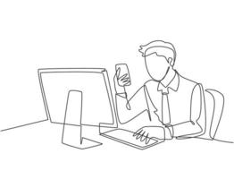 Single continuous line drawing of young manager typing message on smartphone and sending it to his colleague while siting at the office. Text messaging concept one line draw design vector illustration