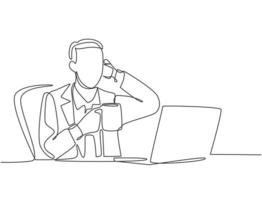 Single continuous line drawing of young happy manager sitting at his work desk and calling his partner with smartphone. Business conversation concept. One line draw graphic design vector illustration