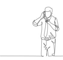 One continuous line drawing of young male business owner get a phone call from his supplier to tell supply delivery schedule. Business call concept. Single line draw design graphic vector illustration