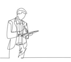 One single line drawing of young happy male worker standing while write business lesson from mentor on paper at clipboard. Business workshop concept. Continuous line draw design vector illustration