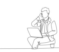 Single continuous line drawing of young manager sitting and typing on laptop during calling his team member to give instruction. Work direction concept one line draw graphic design vector illustration