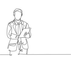 One single line drawing of young happy male worker standing while write business lesson from mentor on paper at clipboard. Business workshop concept. Continuous line draw design vector illustration