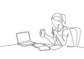 un solo dibujo de una joven empleada seria sentada pensativamente en su silla de trabajo mientras mira la computadora. Ideas de pensamiento en el concepto de trabajo ilustración de vector de diseño de dibujo de línea continua