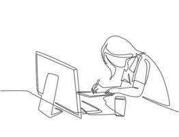 un solo dibujo de una joven empleada pensativa trabaja horas extras para terminar de redactar el borrador de la propuesta comercial de la empresa. Concepto de acuerdo comercial ilustración de vector de diseño de dibujo de línea continua