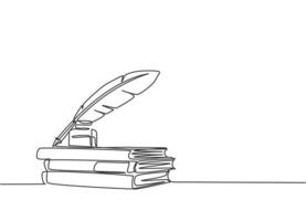 One continuous line drawing of stack of books, ink and quill pen on the office desk. Vintage writing equipment concept single line draw design vector illustration