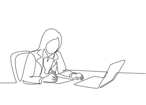 One continuous line drawing of young  serious female employee writing business draft on her work desk at the office. Business letter concept. Single line draw graphic design vector illustration