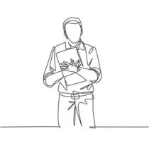 One continuous line drawing of young happy male businessman at the office tightly hugging the file he was carrying. Work service excellence concept single line draw design graphic vector illustration