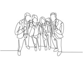 One continuous line drawing of young happy male and female employees standing together and posing to hug each other at office. Business friendship concept single line draw design vector illustration