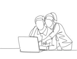 One single line drawing of young happy couple embracing and hugging romantic in front of computer discussing business. Couple lover worker concept continuous line draw design vector illustration