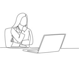 Single continuous line drawing of young female startup founder siting in front of computer thinking sales strategy to her company. Marketing strategy concept one line draw design vector illustration