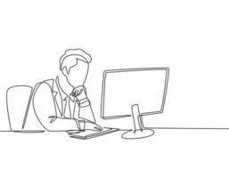 Single continuous line drawing of young male manager sitting on his chair and thinking seriously watching the computer screen. Business analyze concept one line draw design vector graphic illustration