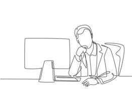 One continuous line drawing of young tired male employee pensive seriously after staring reading sales data and work overload. Work overtime concept single line draw design graphic vector illustration