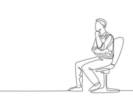 Single continuous line drawing of young male startup founder sitting on office chair and focus thinking company growth strategy. Business thinking concept one line draw design vector illustration