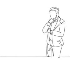 One continuous line drawing of young confused business man standing and focus thinking solution for his business failure. Think brightly concept single line draw design graphic vector illustration