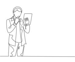 Single continuous line drawing of young business man standing while holding the laptop and thinking business strategy at the office. Business idea concept one line draw design vector illustration