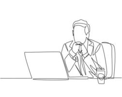 Single continuous line drawing of young male worker sitting and thinking seriously in front of computer screen at the office. Work focus concept one line graphic draw design vector illustration