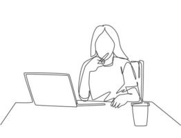 One continuous line drawing of young female employee sitting on her chair and thinking solution for her unfinished work. Think smart concept. Trendy single line draw design vector graphic illustration