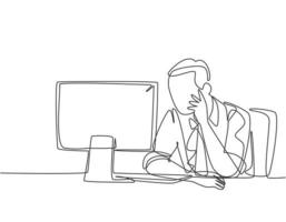 One continuous line drawing of young business manager sitting on his desk in front of laptop and thinking strategy to grow the corporate. Company growth concept single line draw design illustration vector