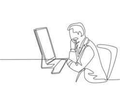 One continuous line drawing of young manager thinking seriously on his desk while holding glasses in front the laptop. Business innovation process concept single line draw design vector illustration