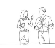 Single continuous line drawing of two young male and female worker holding paper cup drink and chatting during office break. Rest break at work concept one line draw design graphic vector illustration