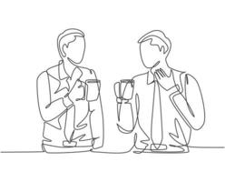 Un solo dibujo de línea continua de dos jóvenes trabajadores tienen una charla informal mientras toman café durante las vacaciones de oficina. descanso en el concepto de trabajo. Gráfico moderno del ejemplo del vector del diseño del sorteo de una línea