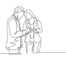 Single continuous line drawing of two young male and female director watching company growth chart on screen tablet. Business growth concept. Trendy one line draw design vector graphic illustration