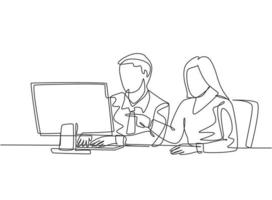 Single continuous line drawing of two young serious male and female worker watching sales chart on computer screen. Sales growth business concept one line draw design graphic vector illustration