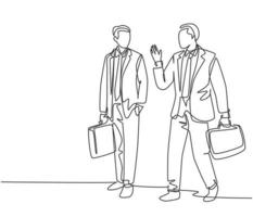 One single line drawing of two young company manager take a walk and talk together after office hour. Business conversation concept. Trendy continuous line draw graphic design vector illustration