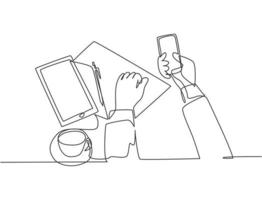 Single continuous line drawing of hand gestures holding and touching smartphone screen with a cup of tea, piece of paper and tablet on the desk. Gadget concept one line draw design vector illustration