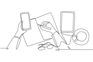 One single line drawing of finger hand touch the smartphone screen with glasses, book, tablet and a cup of coffee on work desk. Worker gadget concept continuous line draw design vector illustration