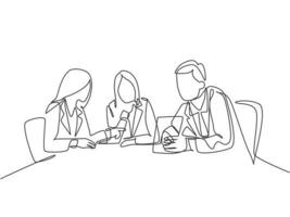 One single line drawing of young company founders brainstorming innovation ideas in a business meeting with colleagues. Startup process concept. Continuous line draw design graphic vector illustration