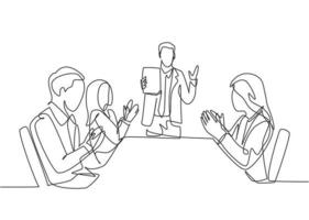 One single line drawing of young happy manager giving interpersonal skill lesson at team meeting in the office. Business presentation concept continuous line draw design vector illustration