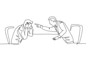 One single line drawing of young furious manager pointing finger to his frustrated staff and blaming the staff about bad work performance concept. Continuous line draw design vector illustration