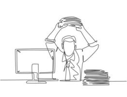 One single line drawing of young madness worker ready to throw file folders to the monitor computer on desk. Work office overload concept continuous line draw design vector graphic illustration