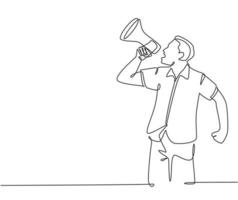 Single continuous line drawing of young eagerness businessman shouting loudly using megaphone to train his speak. Public speaking practice concept one line draw design vector graphic illustration