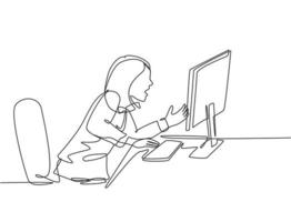 One continuous line drawing of young frustrated businesswoman yelling at computer monitor while she was sitting on work chair. Business problem concept single line draw design vector illustration