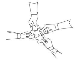 Single continuous line drawing of business team members unite puzzle pieces together to one as team building symbol. Employee teamwork concept. Trendy one line draw design vector graphic illustration
