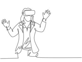 One single line drawing of young happy gamer business woman wearing virtual reality helmet and try to touch. Smart technology futuristic game concept continuous line draw design vector illustration