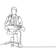 One single line drawing of young male manager touch smartphone screen during sitting relax on work chair and texting to partner. Work rest concept continuous line draw design vector illustration