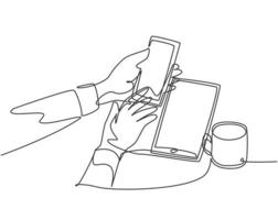 One single line drawing of gesture hand holding touch smartphone screen doing transaction online shopping beside mug of drink. Device gadget concept continuous line draw design vector illustration