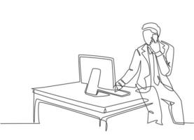 Single continuous line drawing of young business man sitting on desk staring on computer screen and holding a phone calling his staff. Business talk concept one line draw design vector illustration