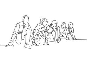 One single line drawing group of businessman and businesswoman get ready on start line to do sprint race. Business running competition concept continuous line draw design vector illustration