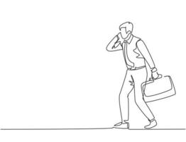 Single continuous single line drawing of urban commuter workers running while calling to get to the office on time. Urban employee in a rush concept one line draw graphic design vector illustration