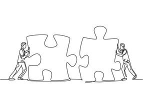 One continuous line drawing of two young businessmen push puzzle pieces to unite them as sign to start business collaboration. Modern unity teamwork concept single line draw design vector illustration