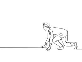 Single continuous single line drawing of young happy businessman get ready to do sprint run on running track, from side view. Business race competition concept one line draw design vector illustration